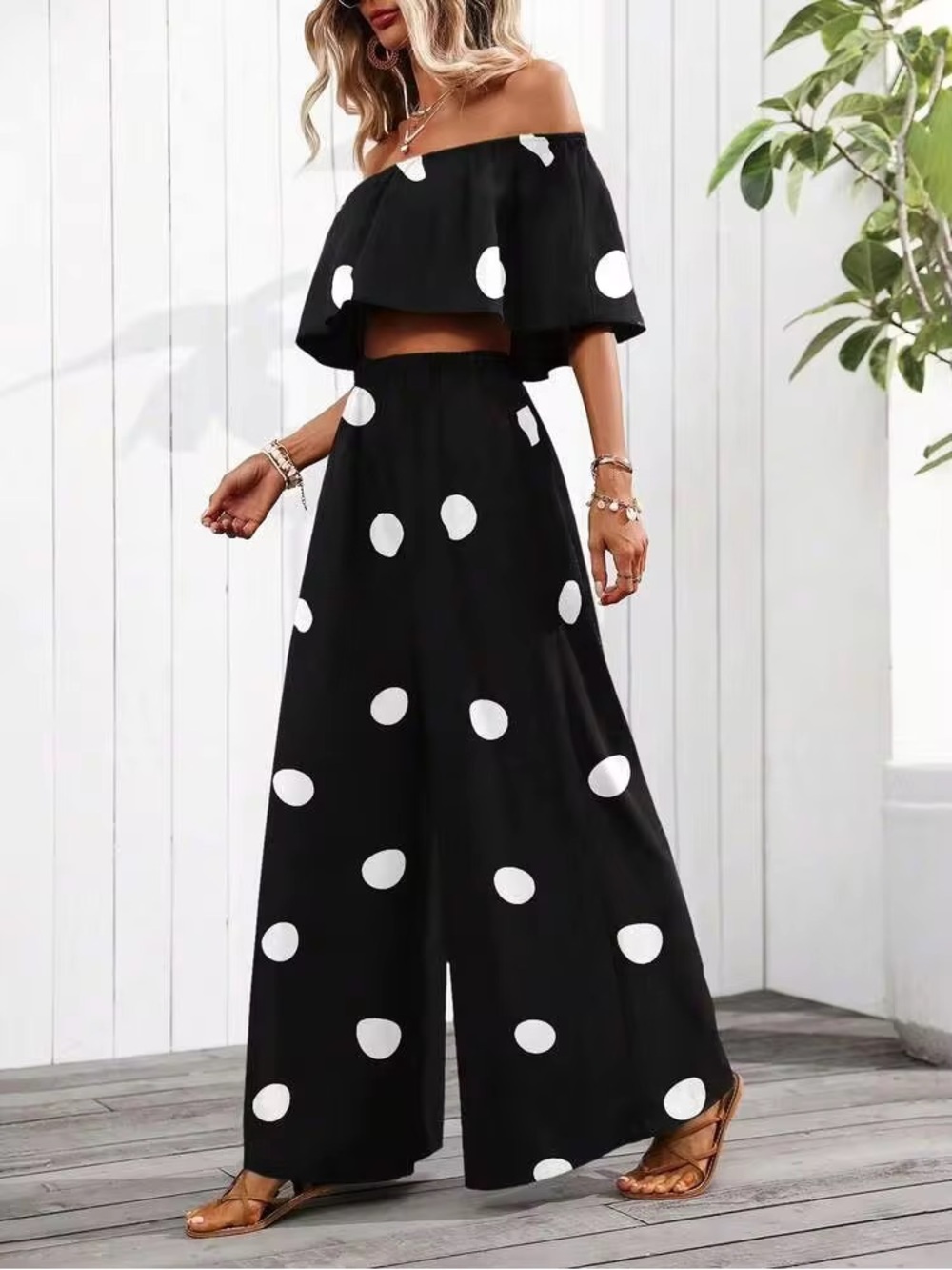 SHEIN Two-Piece Set Off Shoulder Crop Top + Wide Leg Pants Black White Polka Dot
